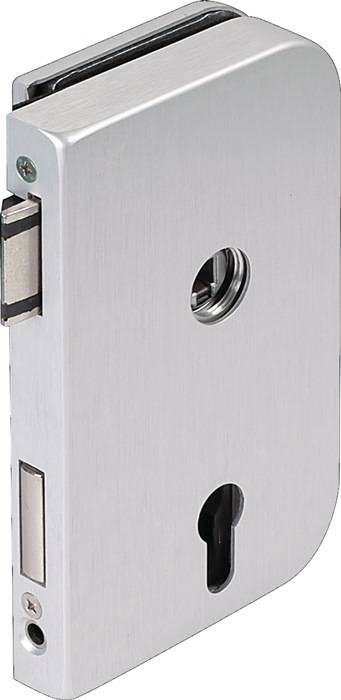 Nahaufnahme eines silbernen Metallschlossmechanismus mit sichtbarem Schlüsselloch.