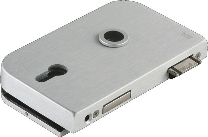 Metallschlossgehäuse mit Schlüsselloch und Riegelöffnung, ausgestattet mit einem kreisförmigen Knopf in der Nähe des oberen Endes. Geeignet für sichere Türanwendungen.