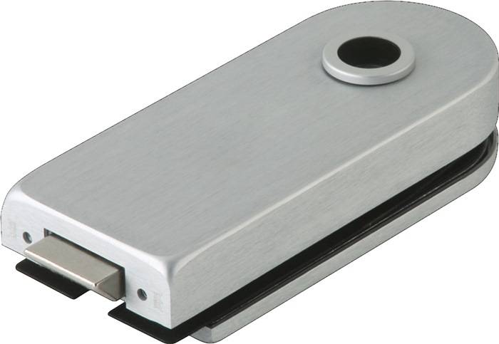 Eine Nahaufnahme eines USB-Sticks mit einem eleganten, metallfarbenen Gehäuse und einem kreisrunden Loch an einem Ende, der zur Datenspeicherung und -übertragung verwendet wird.