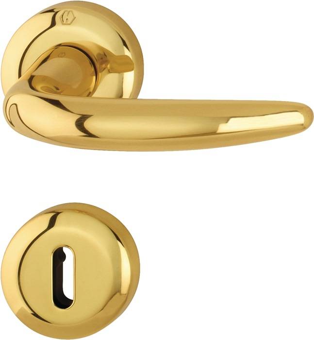 Ein glänzender goldener Türgriff mit passender Schlüssellochblende vor weißem Hintergrund, der ein modernes Design für Haus oder Büro präsentiert.