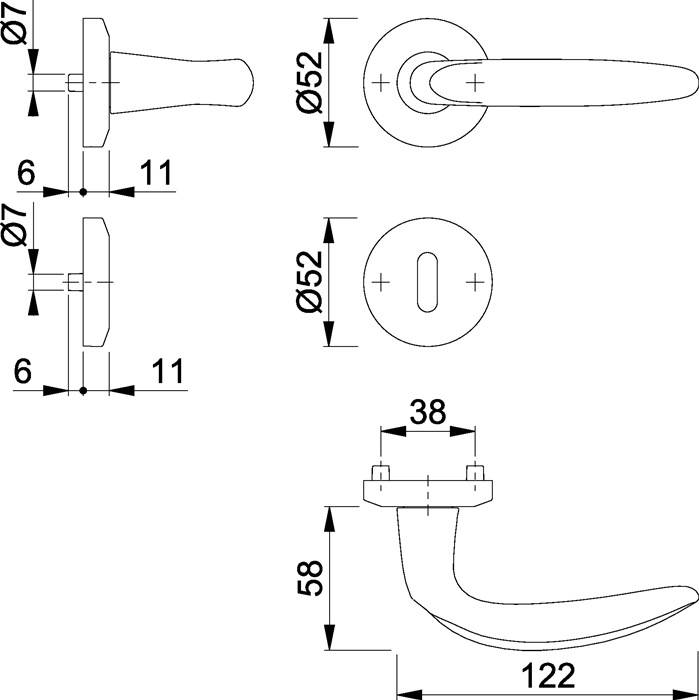 Technische Zeichnung eines Türgriffs. Draufsicht zeigt Griff und kreisförmige Rosette, Durchmesser 52 mm. Seitenansicht zeigt Länge 122 mm.