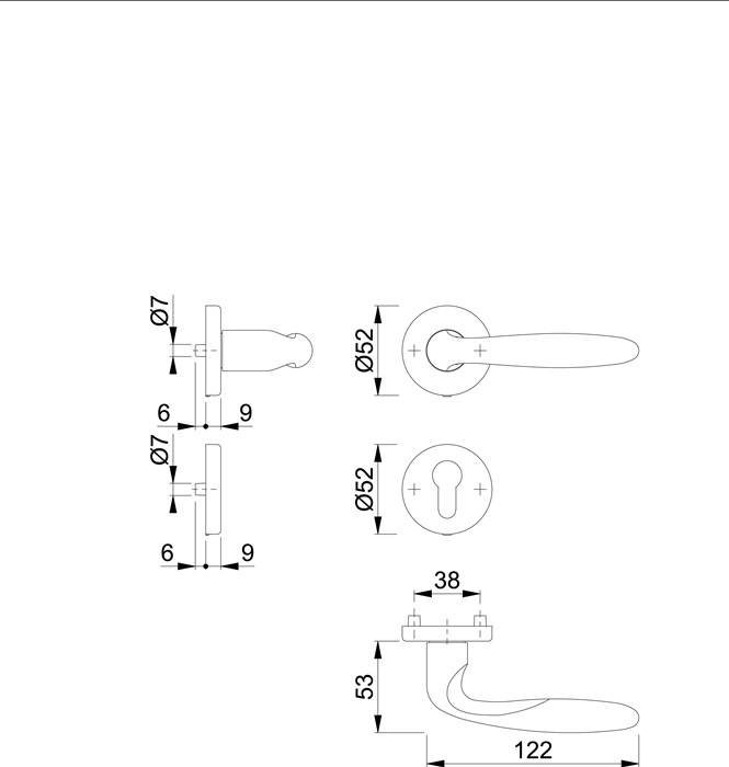 Technische Zeichnung, die die Abmessungen eines Türgriffs zeigt, mit Messungen: 52 mm Durchmesser Rosetten, 7 mm dick, 53 mm Höhe für den Griff.