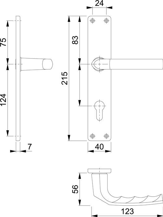 Technische Zeichnung eines Türgriffs mit Maßangaben: Länge 124 mm, Griffhöhe 40 mm, Abstand Griff zu Schloss 83 mm, Schlosshöhe 215 mm.