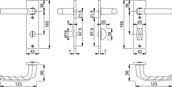 Diagramm zeigt Abmessungen eines Türgriffs. Messungen: 165 mm Höhe, 38 mm Breite, 97,5 mm Ausladung, 19 mm Durchmesser der Grundfläche.