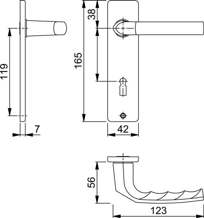 Technische Zeichnung eines Türgriffs und Schlossblech, mit folgenden Maßangaben: Blendenhöhe 165 mm, Breite 42 mm, Grifftiefe 119 mm, Schlüssellochchrposition 38 mm vom oberen Rand entfernt.