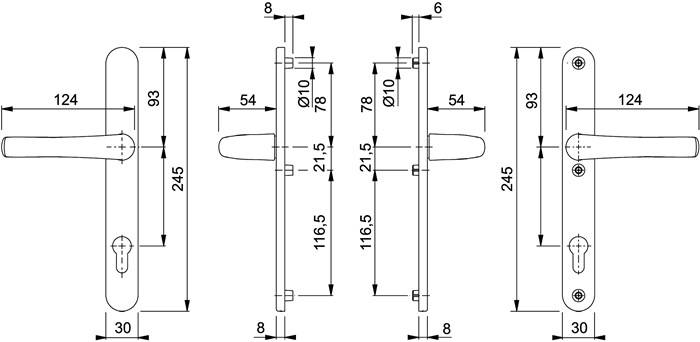 Schematische Darstellung eines Türgriffs mit Maßen: Länge 245 mm, Breite 54 mm, Griffauskragung 8 mm, Lochmitte 21,5 mm, Lochdurchmesser 10 mm.