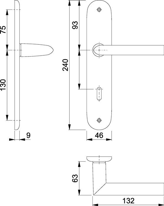 Technische Zeichnung eines Türgriffs mit Maßangaben: 130 mm Länge, 75 mm Breite, 46 mm Durchmesser. Vertikaler Griff 240 mm, horizontaler Griff 93 mm.