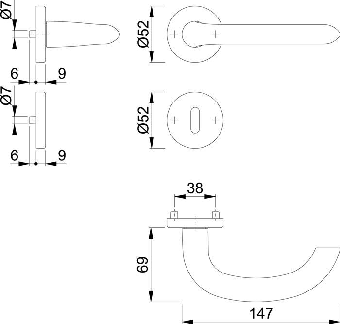 Technische Zeichnung eines Türgriffs mit Maßangaben: Gesamtlänge des Griffs 147 mm, Montageplattendurchmesser 52 mm, Griffbasis 69 mm.