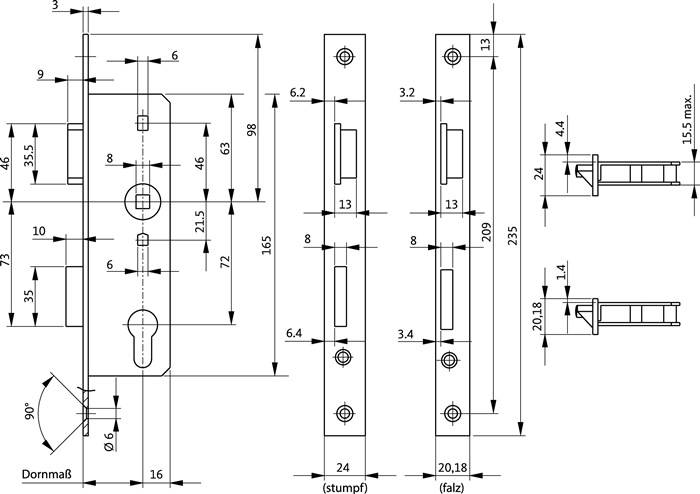 Technische Zeichnung, die die detaillierten Abmessungen eines Türschloss-Mechanismus zeigt, einschließlich verschiedener Maßangaben für Schließblech und Schlüssellochpositionierung.
