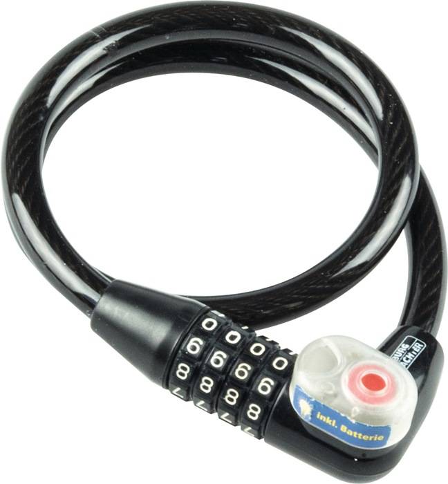 Ein schwarzes Fahrradkombinationsschloss, das zu einer Schleife gewickelt ist und einen nummerierten Wählscheibe sowie ein Prüfbatteriepaket an einem Ende aufweist.