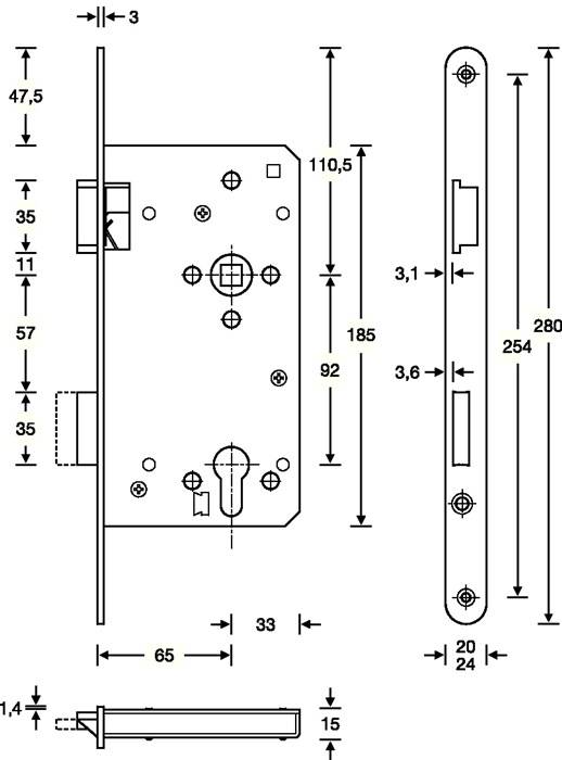 Haustür-Einsteckschloss PZW 22/65/92/10mm DIN R silber ktg.SSF…