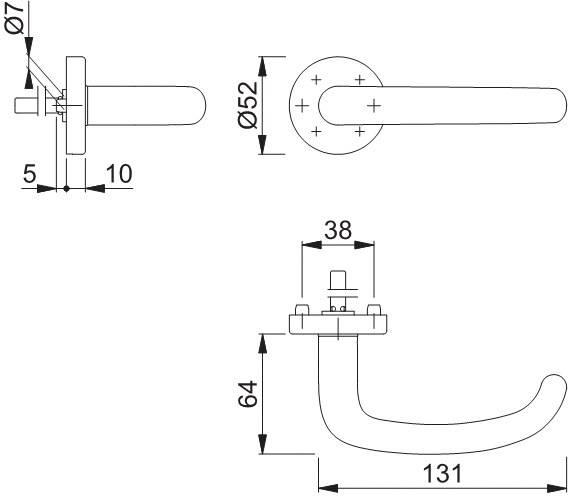 Technische Zeichnung eines Türklinkengriffs mit Rosette, die Vorder-, Draufsicht und Seitenansicht sowie Abmessungen Ø7, Ø52, 5, 10, 38, 64 und 131 mm zeigt.