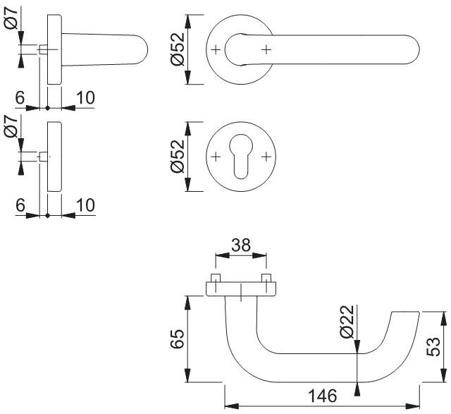 Technische Zeichnung eines Türgriffs mit Maßen: Länge 146 mm, Breite 22 mm und kreisförmige Rosette mit einem Durchmesser von 52 mm. Enthält Schlüssellochdiagramm.
