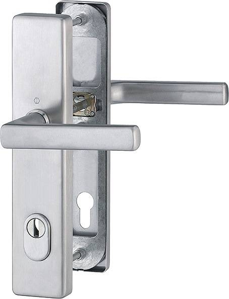 Türgriff und Schlosssatz aus Silber mit rechteckiger Rosette und Hebelgriffe auf weißem Hintergrund.