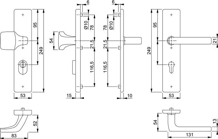 Technische Maßzeichnung eines Türgriffsets mit Rückplatte, dargestellt in Vorder-, Seiten- und Draufsicht mit Maßangaben für den Griff, die Platte und die Ausladung.