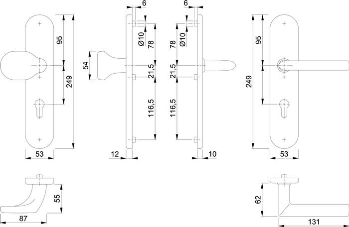 Technisches Türgriffmaßstab-Diagramm mit Vorder-, Seiten- und Draufsicht mit Maßangaben für Rosette, Hebel und Dornpositionierung.