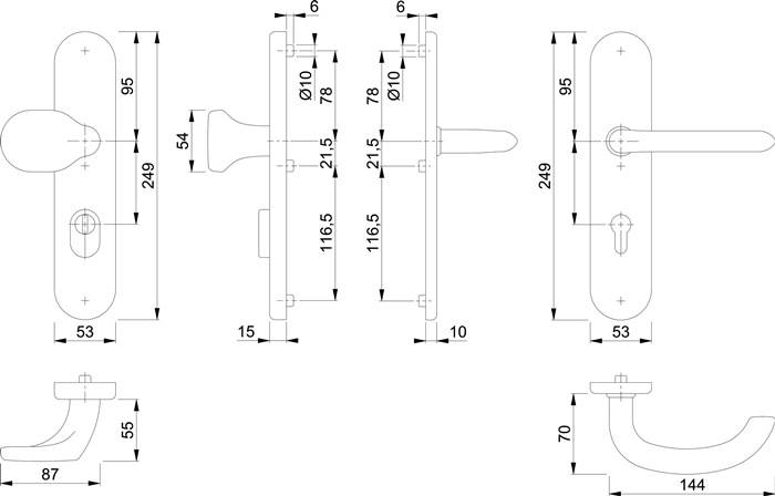 Technische Maßstabzeichnung eines Türklinkensets mit Rosette, mit Vorder- und Seitenansicht sowie Abmessungen in Millimetern.