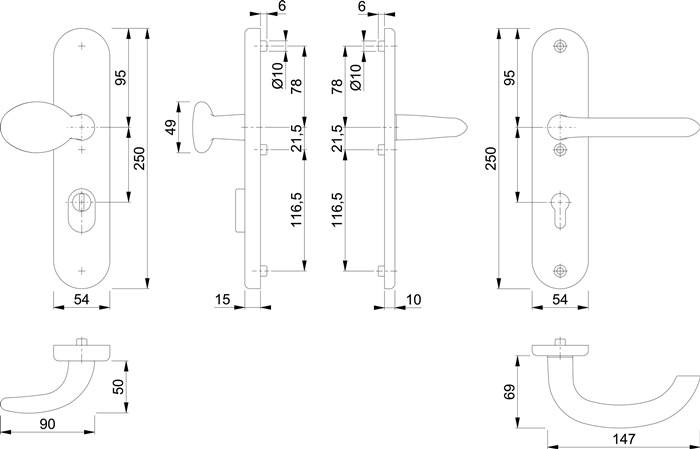 Technische Zeichnung eines Türgriffs und Schließmechanismus mit Maßangaben. Vorder-, Seiten- und Draufsicht mit Messwerten in Millimetern.