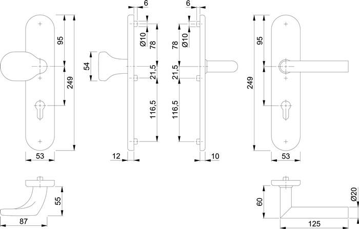 Technische Zeichnung eines Türklinkensets mit Vorder-, Seiten- und Draufsicht mit Maßangaben in Millimetern.