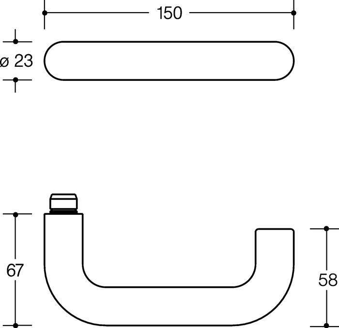 Diagramm eines U-förmigen Griffs mit Dimensionen: Gesamtlänge 150 mm, Durchmesser 23 mm. Vertikale Abschnitte sind 67 mm und 58 mm hoch.