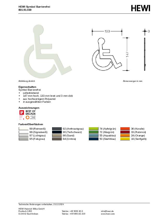 Symbol Barrierefrei 801.91.030 PA Farb-Nr.90 B.135mm H.150mm S.3mm HEWI
