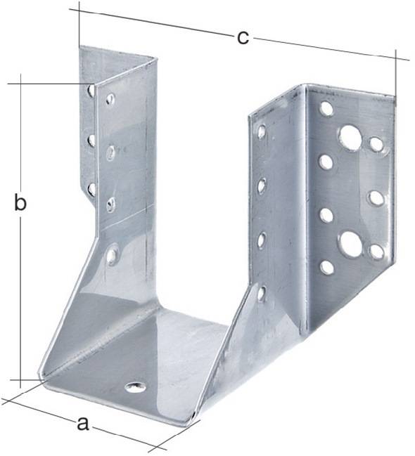 Metallhalterung mit drei Seiten, mit Bohrlöchern für Schrauben und beschrifteten Abmessungen: 'a', 'b' und 'c' für verschiedene Verwendungen im Bauwesen.