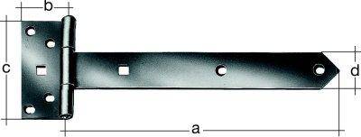 Diagramm einer Metallscharnierhalterung mit gekennzeichneten Abmessungen a, b, c und d, die Befestigungslöcher und die Armlänge zeigt.