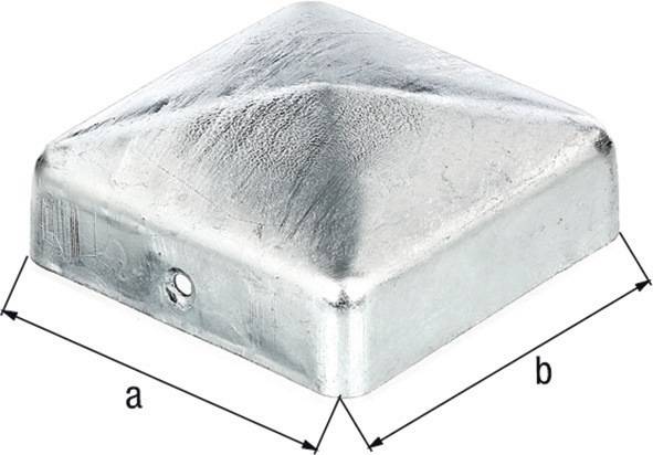 Eine metallische, pyramidenförmige Kappe mit einem Loch an einer Seite, an deren Basiskanten die Bezeichnungen 'a' und 'b' angebracht sind, was auf Messdimensionen hindeutet.