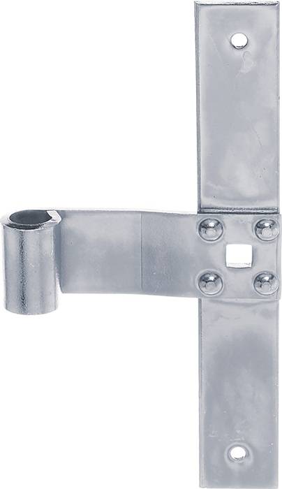 Eine Metallzaunhalterung mit einer zylindrischen Befestigung und vier Schrauben, konzipiert zur Sicherung und Unterstützung einer Zaunstruktur.