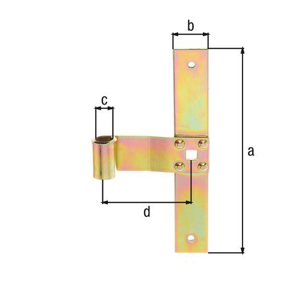 Metallhalterung mit beschrifteten Abmessungen a, b, c und d. Sie hat eine vertikale und horizontale Komponente mit vier Schrauben an der zentralen Schnittstelle.