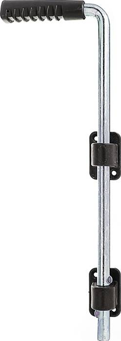 Eine Metallstange mit einer schwarzen Halterung, vor einem weißen Hintergrund.