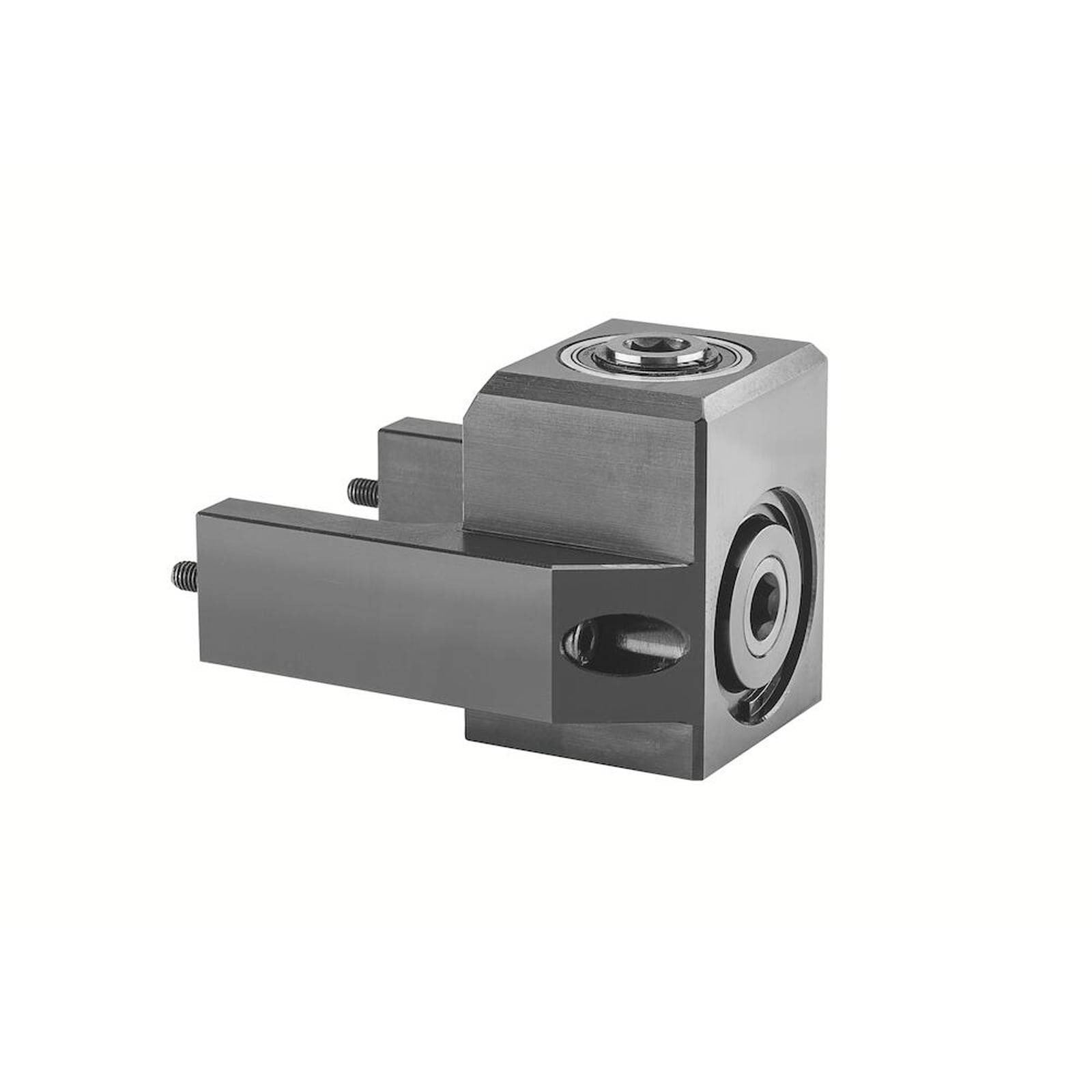 Ein Metallwinkelhalter im rechten Winkel mit einer kreisförmigen Komponente auf einer Seite, die eine mittlere Nut und zwei vorragende Bolzen auf der anderen Seite aufweist.