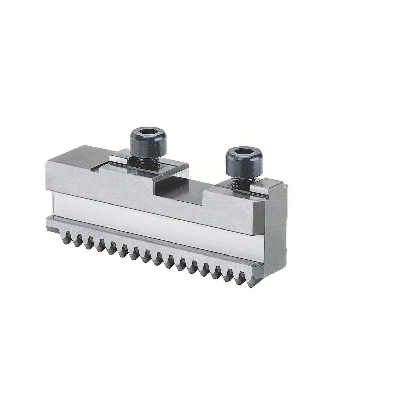 Eine Metallwerkzeugkomponente mit zwei Schrauben oben und einer gezahnten Kante unten, entworfen zum Greifen oder für präzise mechanische Einstellungen.