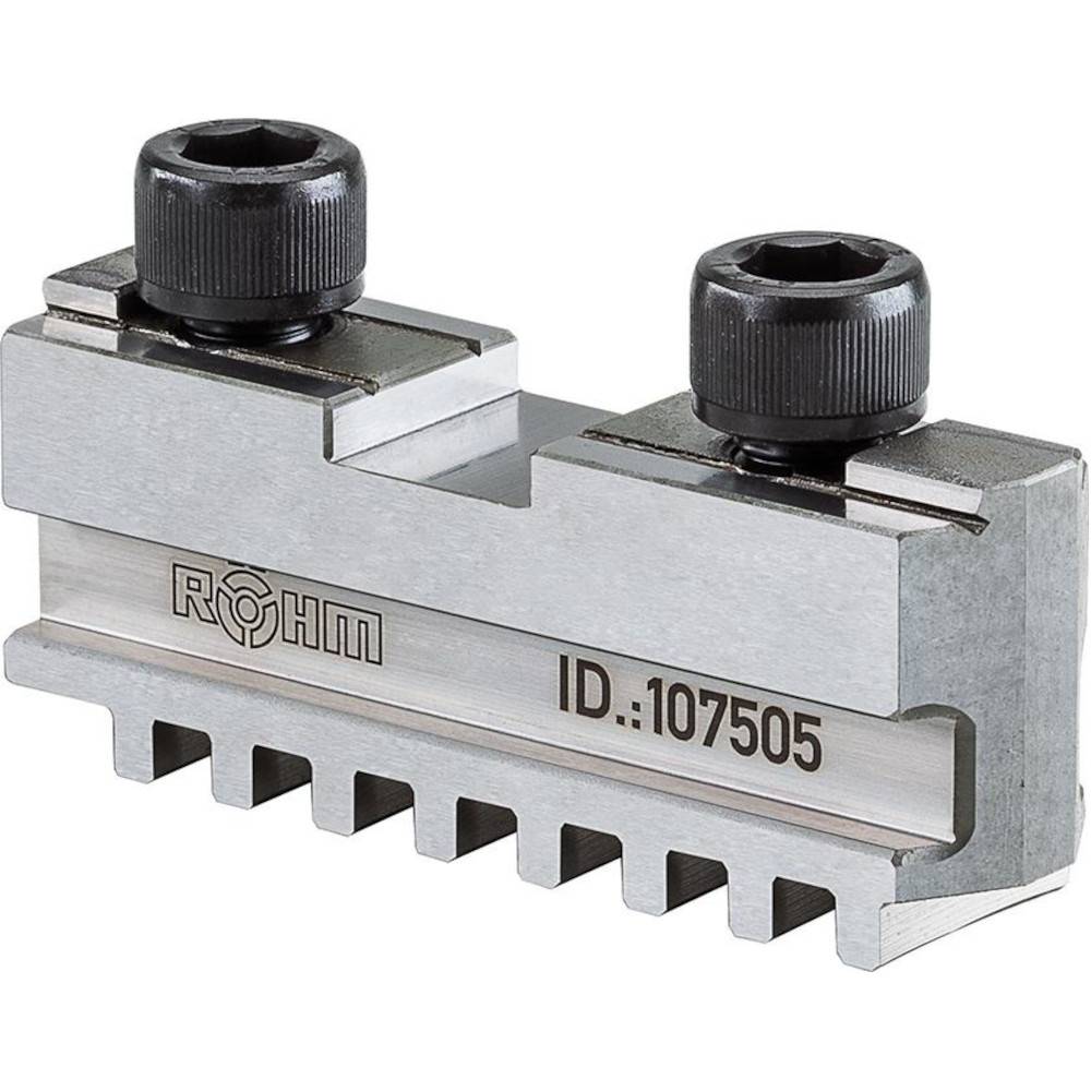 Metallisches Werkzeughalter-Block mit zwei schwarzen Klemmschrauben und gezahnter Basis, mit der Bezeichnung ROHM ID:107505.