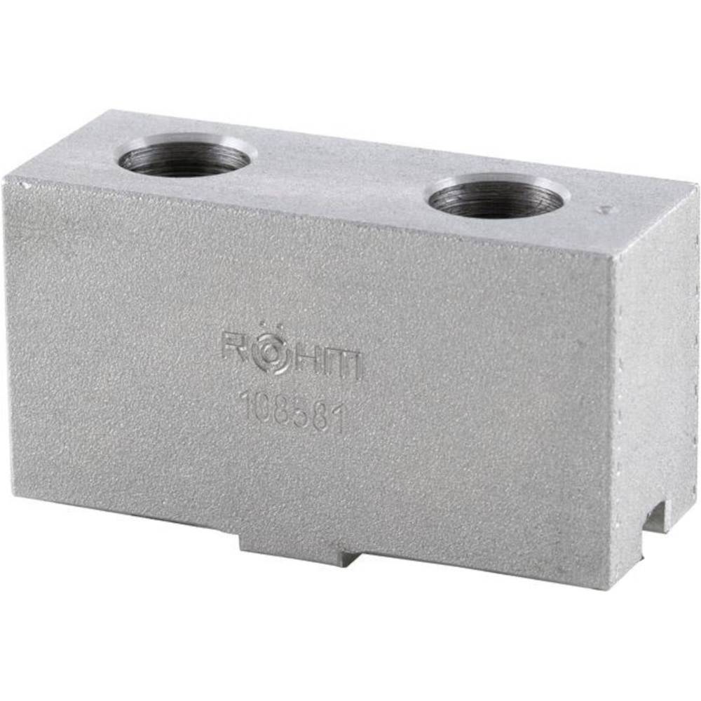 Silbermetallblock mit zwei Gewindebohrungen oben und einem geprägten Logo auf der Vorderseite, isoliert auf weißem Hintergrund.