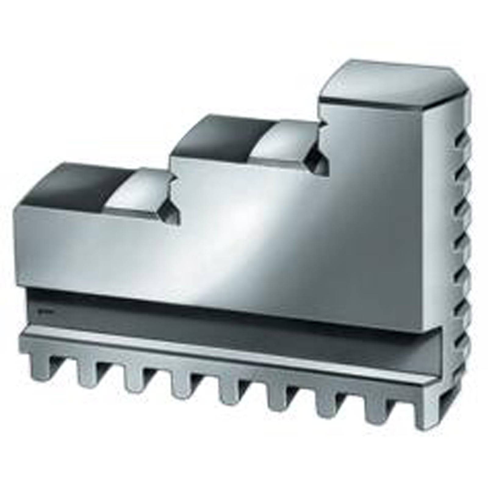 Ein silbernes Metallschraubstockbacke mit gestuftem Design und gezahnter Kante, verwendet zum sicheren Einspannen von Objekten bei der Bearbeitung oder Holzbearbeitung.