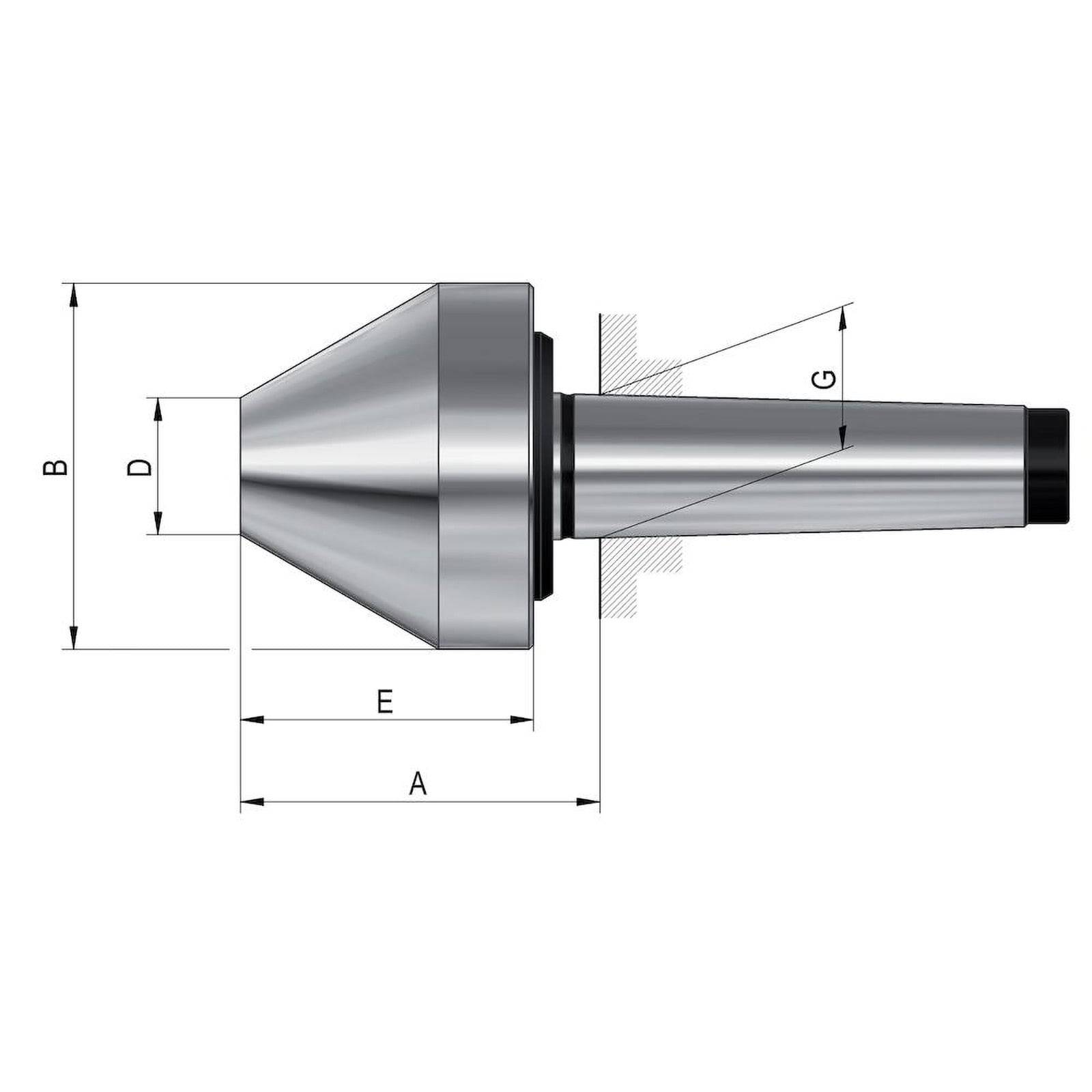 Ein Diagramm eines spitzen Metallwerkzeugs mit gekennzeichneten Abmessungen. Pfeile zeigen Messungen für die Teile A, B, D, E, F und G an.