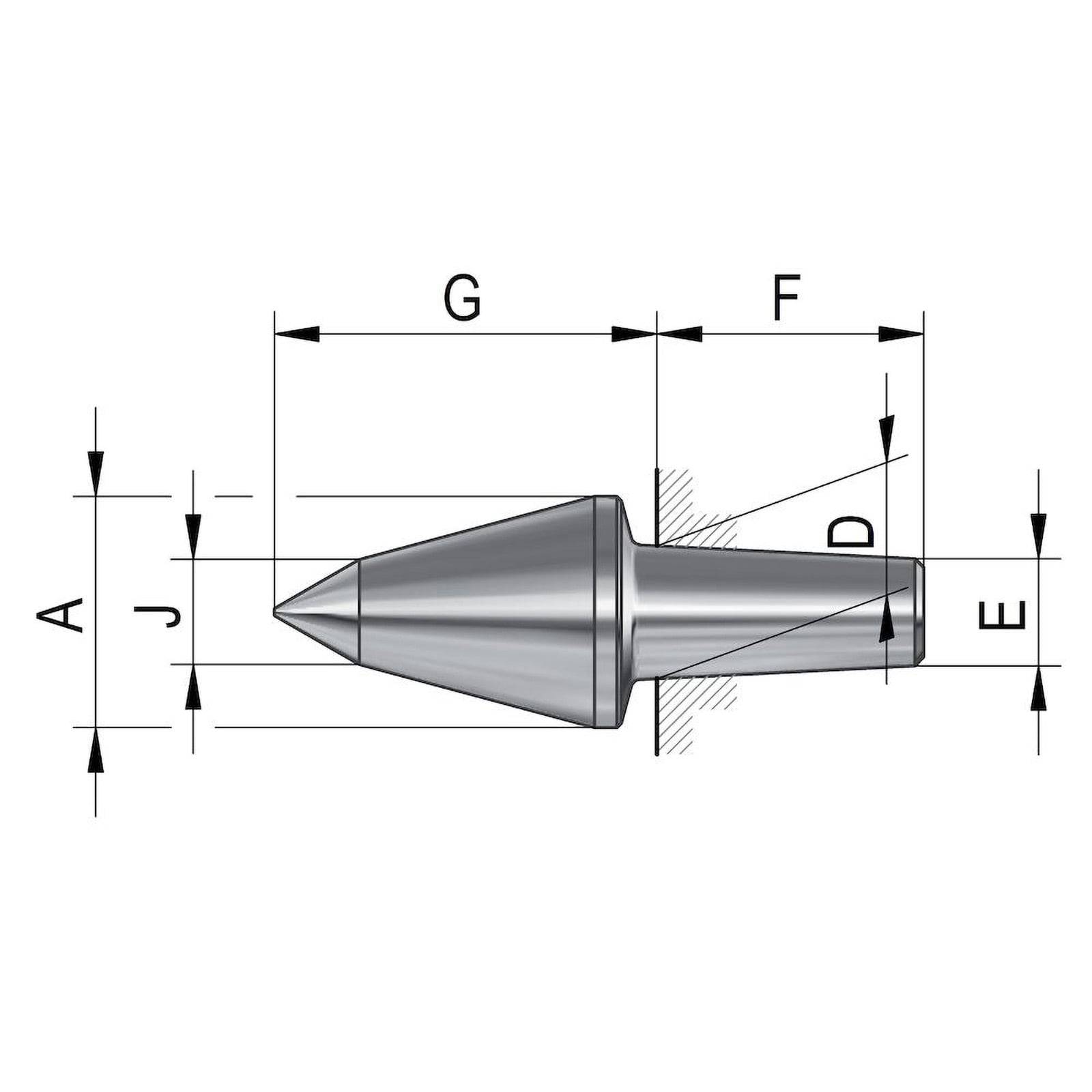 Technisches Diagramm eines konischen Maschinenteils mit beschrifteten Abmessungen: A, G, F, J, D, E. Jede Bezeichnung gibt spezifische Messwerte an.