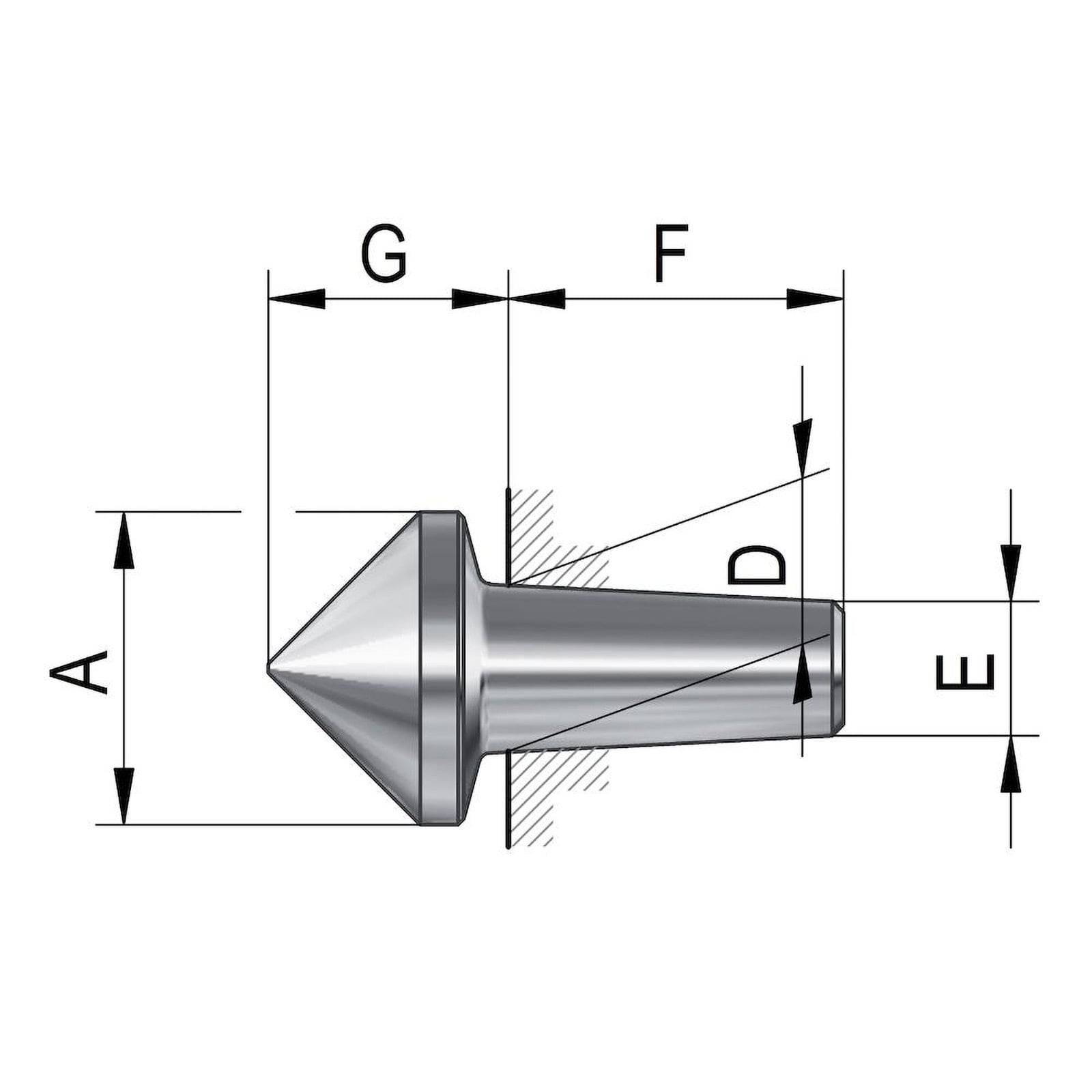 Technische Zeichnung eines konischen Werkzeugs mit gekennzeichneten Abmessungen: A (Höhe), D (Durchmesser), E (Länge), F (Spitzenlänge), G (Spitzenbreite).