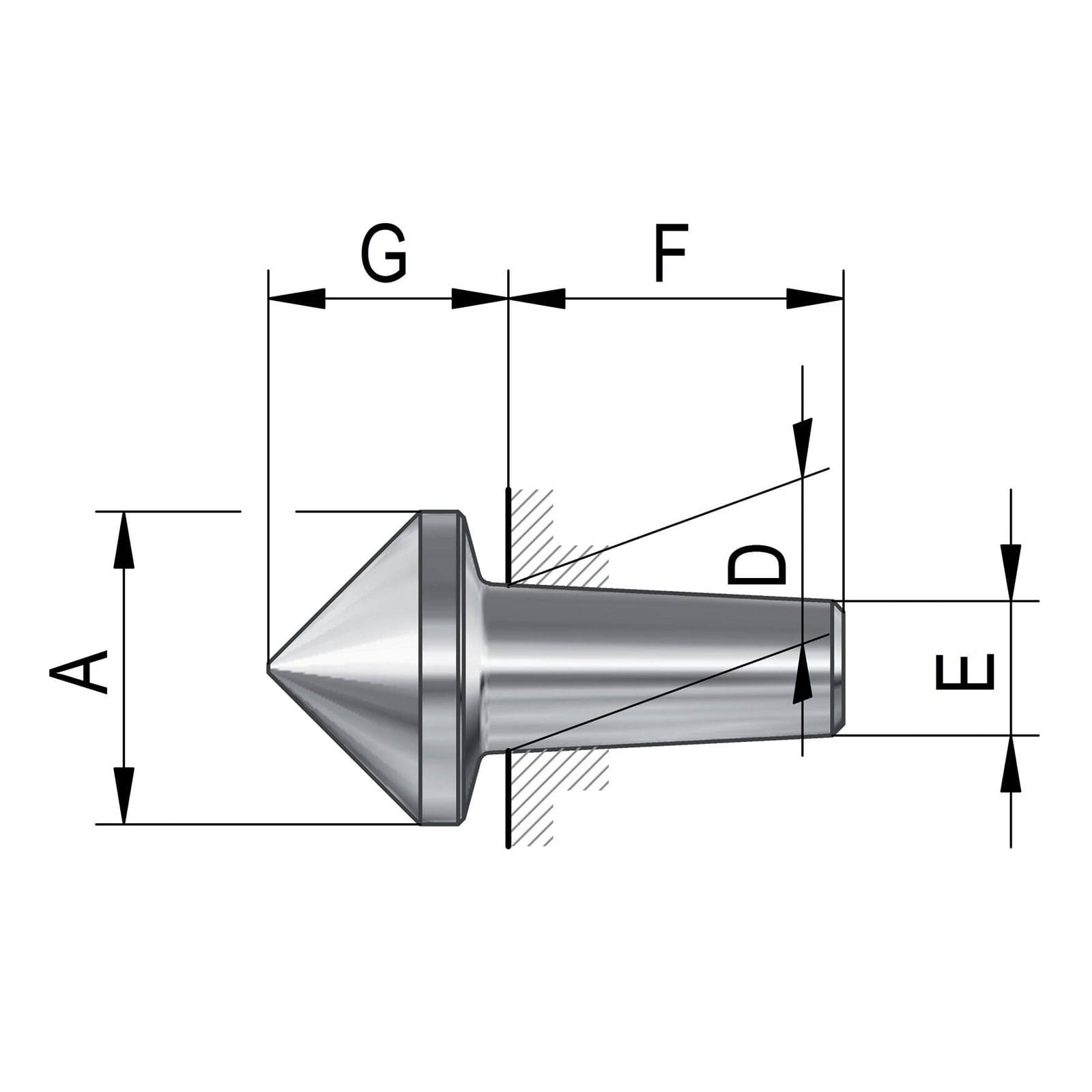 Eine technische Zeichnung eines Maschinenteils mit beschrifteten Messungen: A, G, F, D und E, die Abmessungen und Struktur für präzise Konstruktion erläutern.