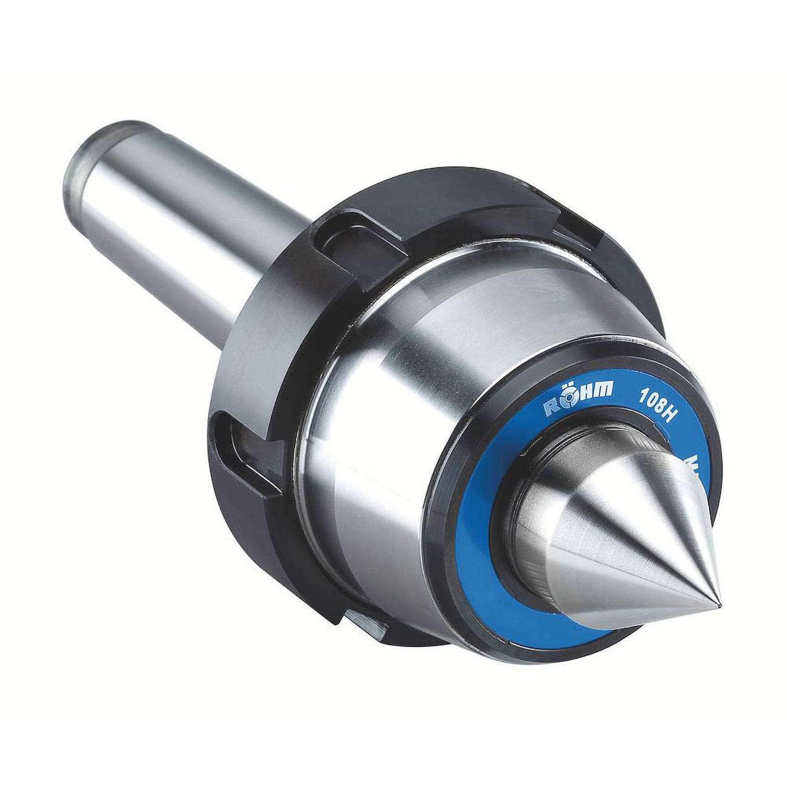 Ein Präzisions-Spitzendorn für eine Metall-Drehmaschine mit spitzem Dorn, blau-silbernes Design und seitlicher Kennzeichnung 