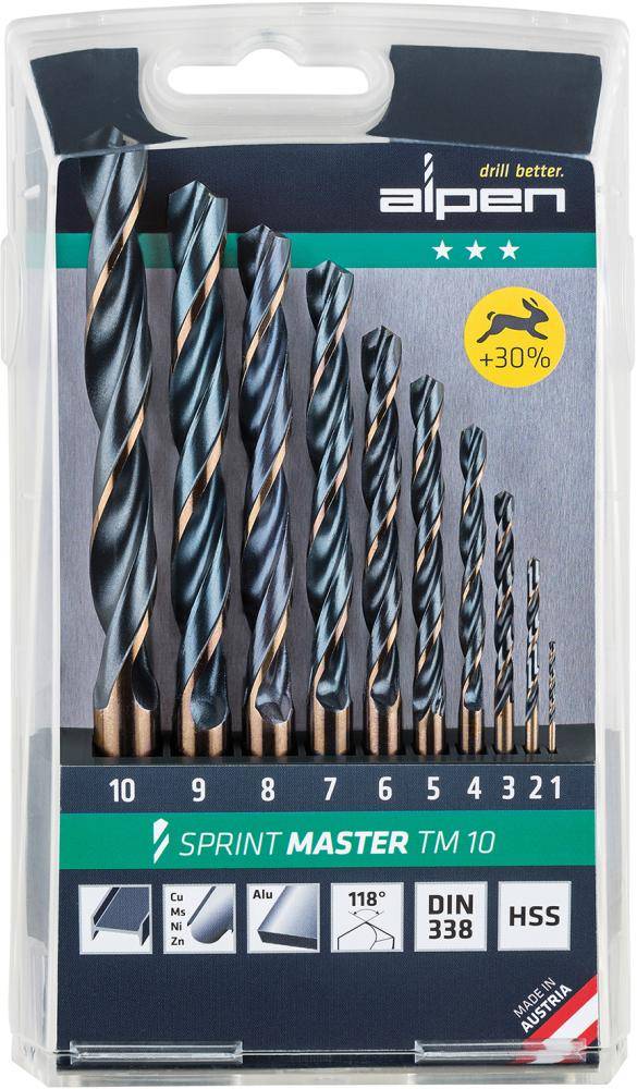 Alpen Sprint Master TM 10 Bohrersatz in einem Kunststoffkoffer, zeigt 10 HSS-Bohrer in den Größen 1 bis 10 mit einem +30%-Haltbarkeitsbadge.