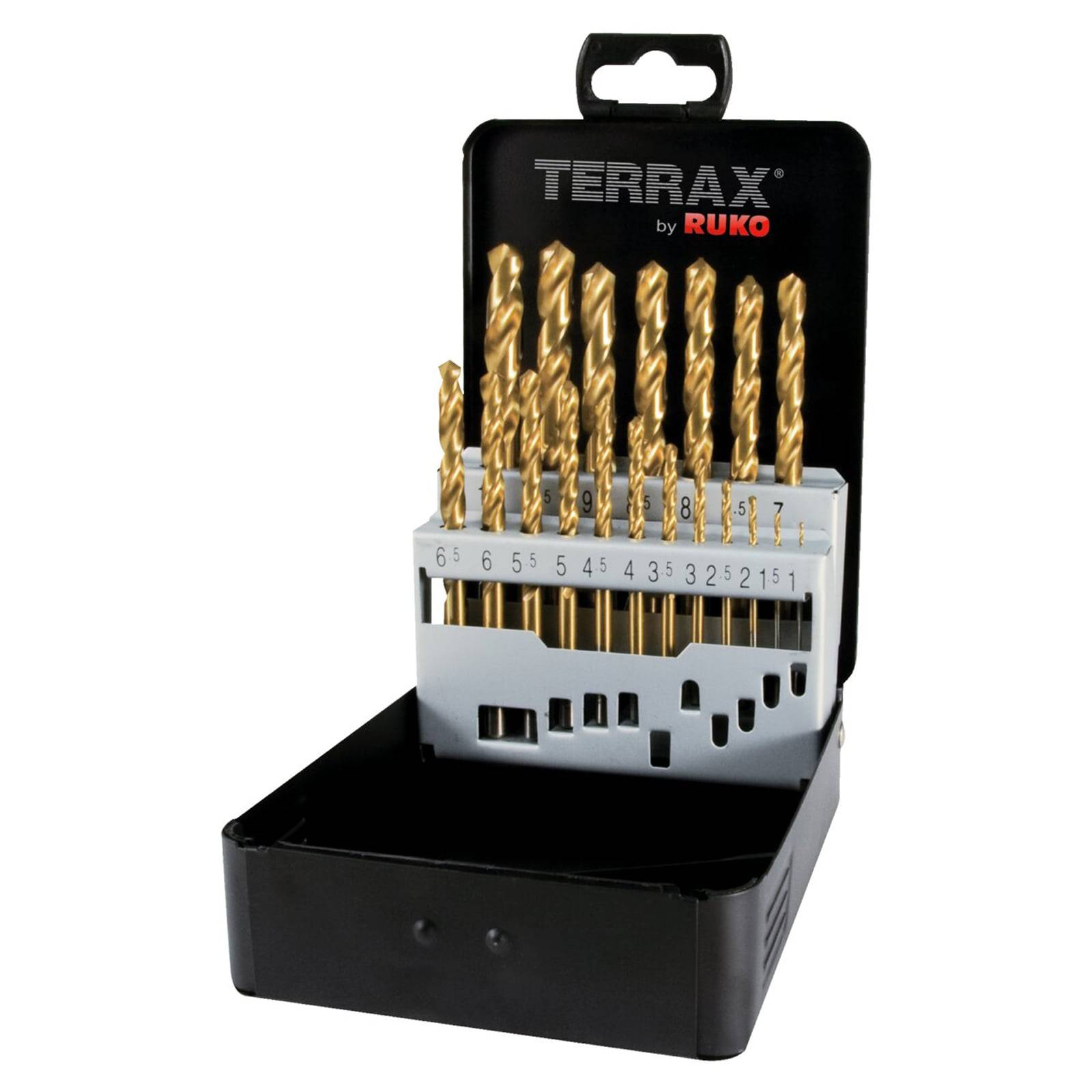 Ein Satz goldfarben Bohrer in verschiedenen Größen, von 1 bis 13 beschriftet, wird in einem schwarzen Terrax von Ruko Etui präsentiert.