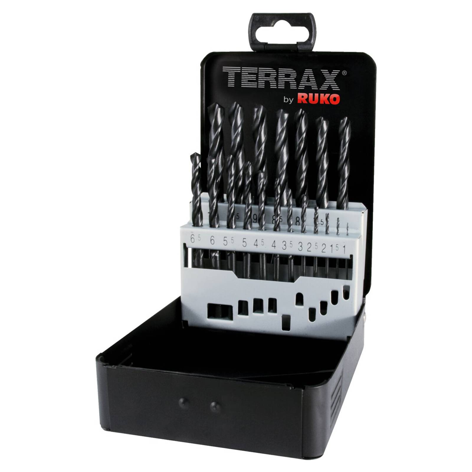 Ein schwarzer Bohrersatz, beschriftet mit „TERRAX von RUKO
