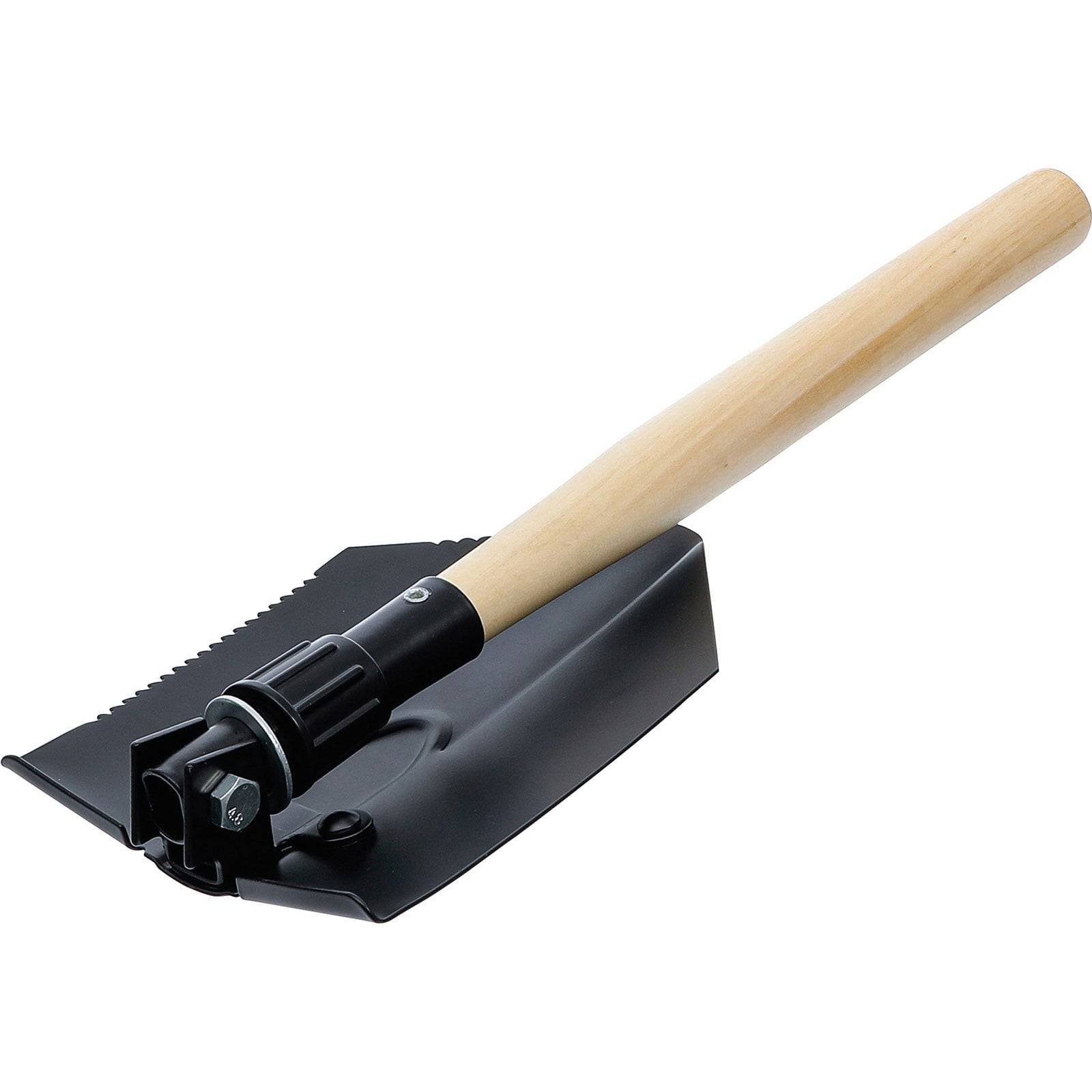 Eine zusammenklappbare schwarze und silberne Schaufel mit gezackter Kante, die mit einem leichten Holzgriff verbunden ist und für Outdoor- oder Überlebenszwecke konzipiert wurde.