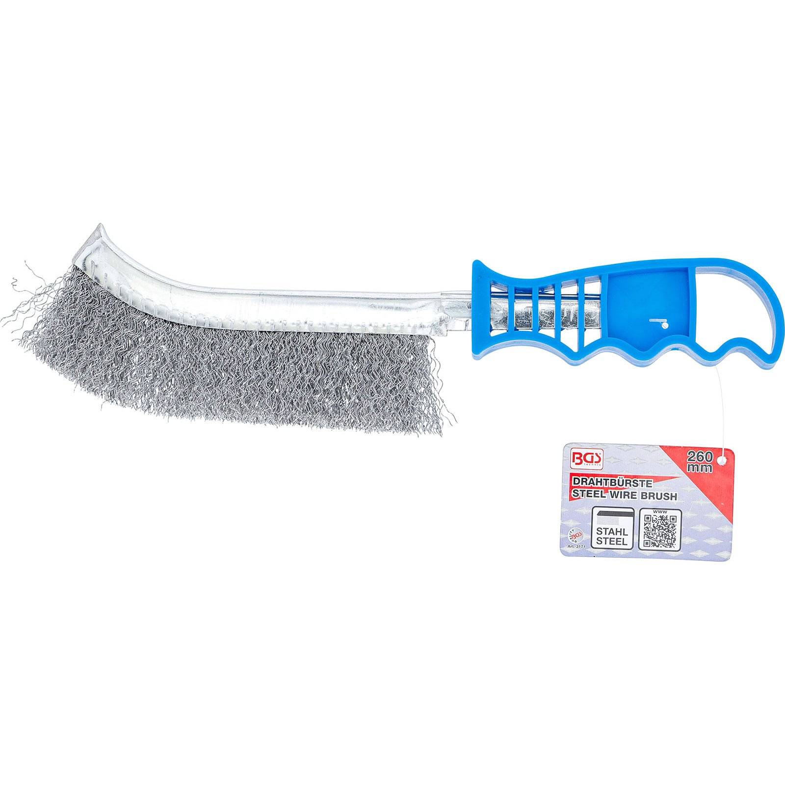 Stahldrahtbürste mit blauem Griff, gewinkelt für besseren Halt. Angehängte Etikette zeigt 'Stahldrahtbürste'. Verwendet zum Reinigen und Entfernen von Rost.