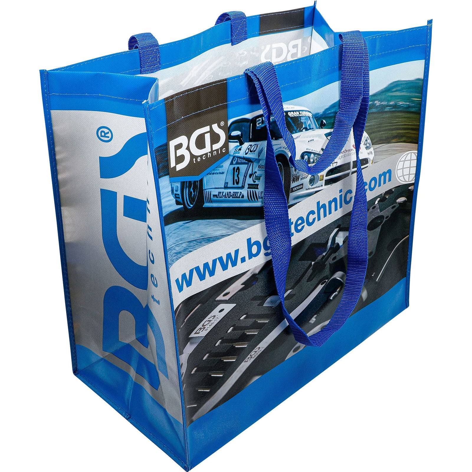 Eine blaue und graue wiederverwendbare Einkaufstasche mit Autografiken und der Website 'www.bgstechnic.com', die auf ihren Seiten abgebildet ist.
