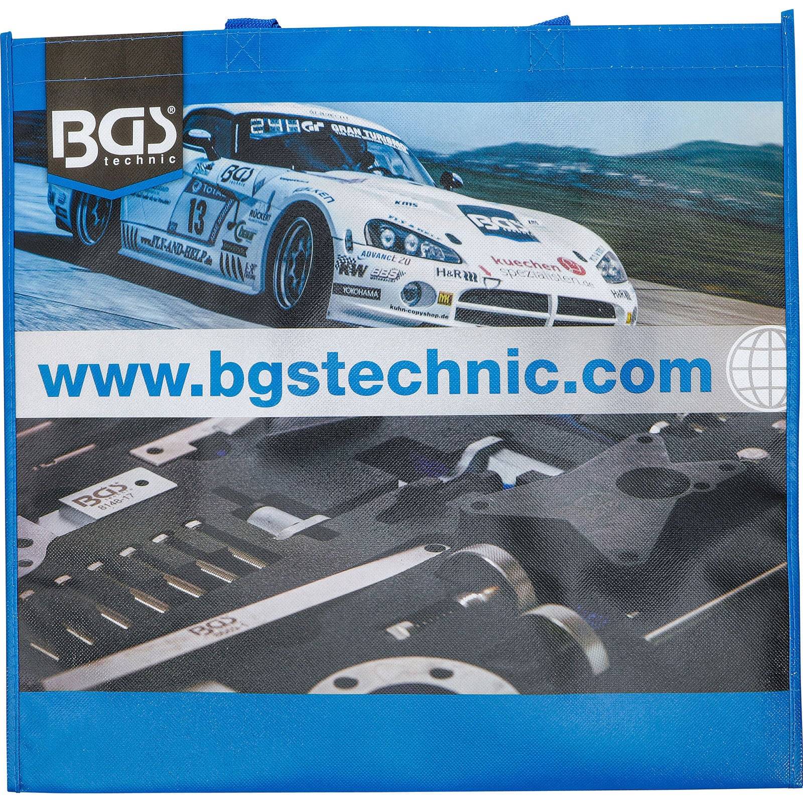 Eine blaue Tragetasche zeigt ein Rennfahrzeug mit der Aufschrift 'BGS' auf einer Rennstrecke über Werkzeugen und einer Webseiten-URL 'www.bgstechnic.com'.