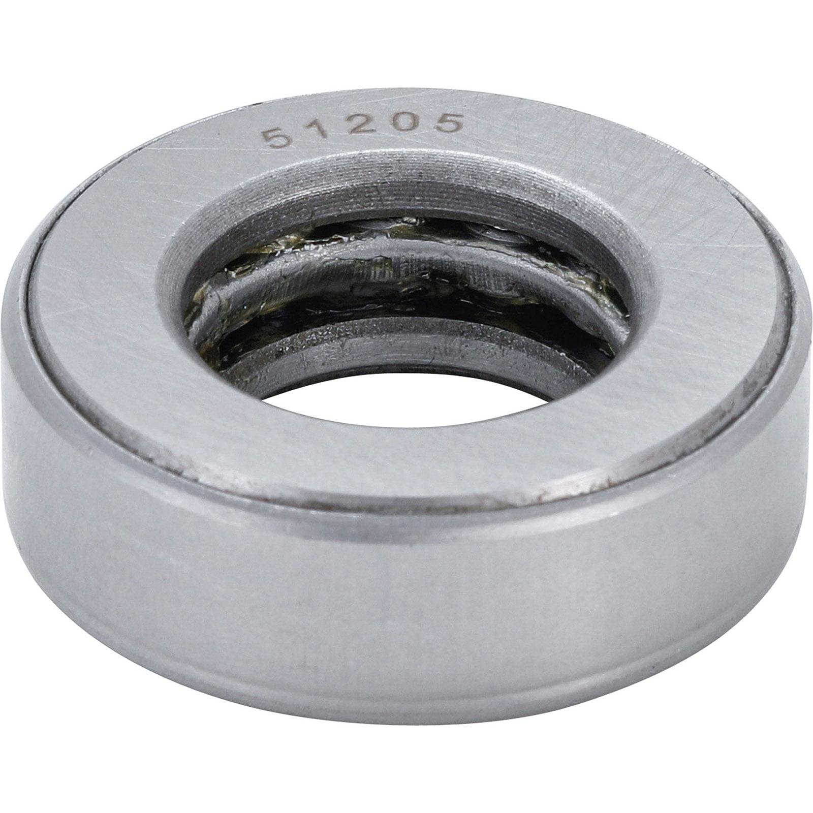 Ein silberfarbenes Axial-Kugellager mit der Nummer '51205', die an seiner Seite eingraviert ist, das die Innen- und Außenringe mit Kugeln im Inneren zeigt.