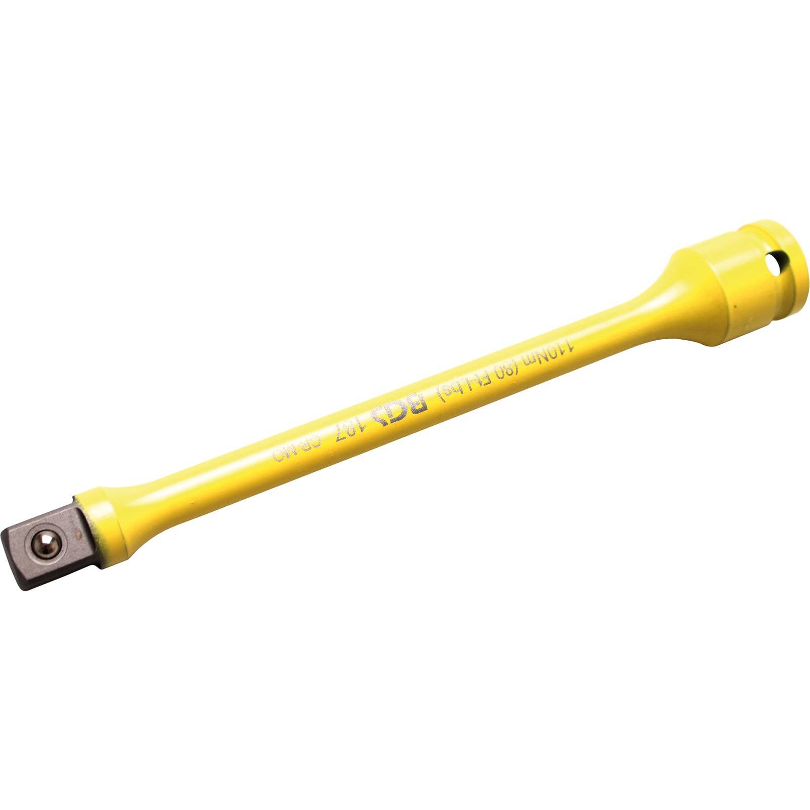 Ein gelber Drehmoment-Verstärker-Verlängerungsstab zum Lockern festsitzender Befestigungselemente. Er verfügt über einen Vierkantantrieb zum Anschluss von Steckschlüsseln.
